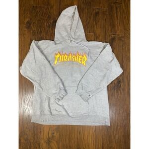 VTG Thrasher Flame Logo Hoodie Pullover Sweatshirt Mens Gray Skater XL Grunge
